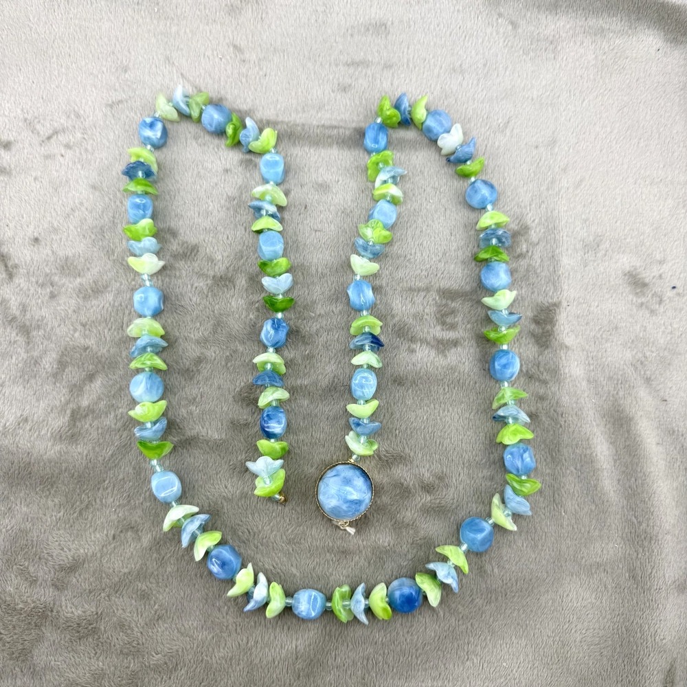 Vintage Estate Plastic Bead Necklace Blue Green Floral Upcycle Repair 32”